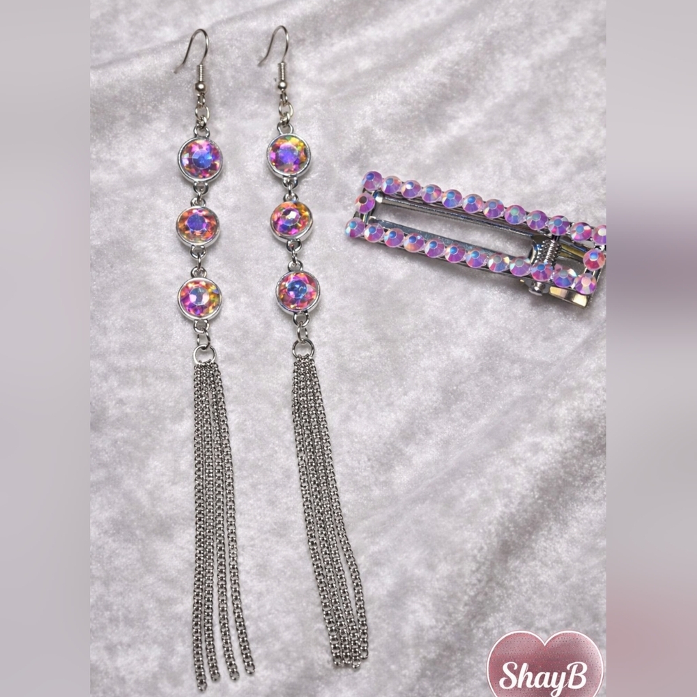 Iridescent Silver Dangle Earrings And Hair Clip